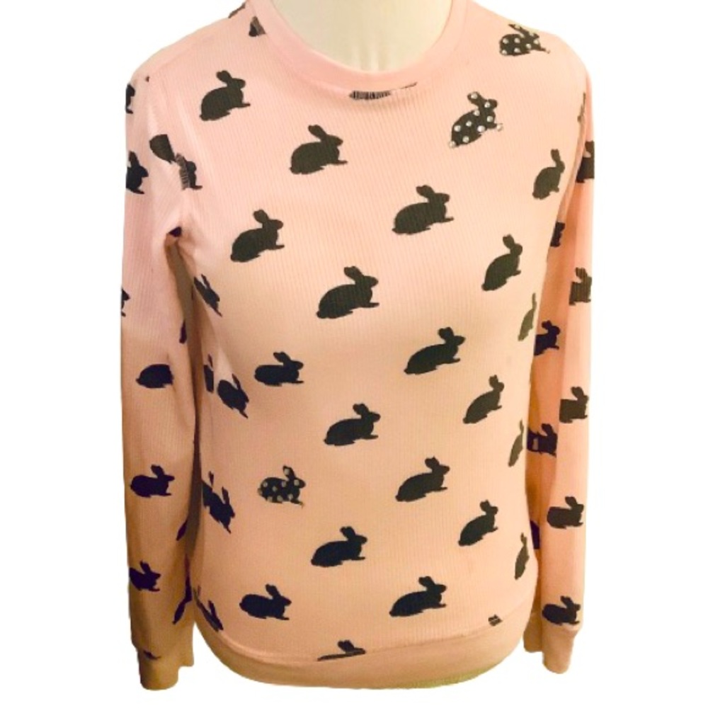 Baby Pink, with Navy Blue Rabbits, & Crystals, Waffle Knit, Long Sleeved Top!